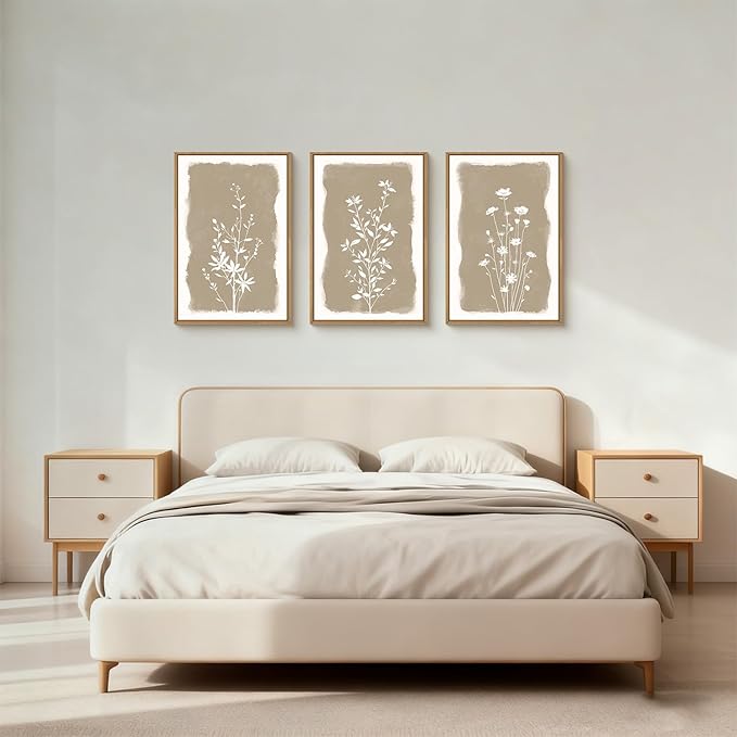 Aryroi Large Boho Wildflowers Framed Canvas Wall Art Set,Minimalist Neutral Floral Wall Decor,Vintage Natural Beige Flower Artwork,Modern Botanical Art Print For Living Room,Bedroom,Office-16 x24 x3
