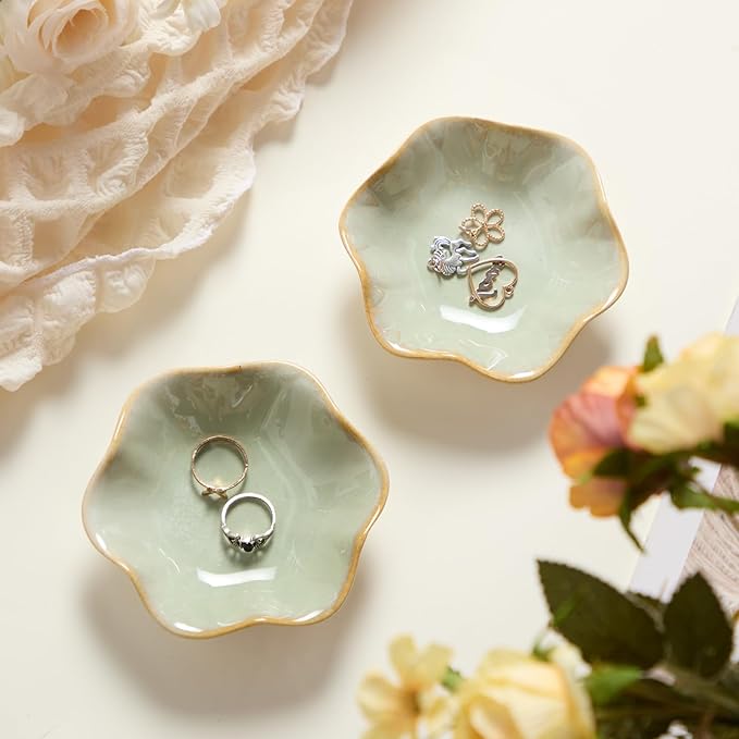 8 Pcs Ceramic Trinket Dish Lotus Leaf Jewelry Tray Small Ring Dish for Earrings, Rings, Jewelry Holder, Key Bowl(Green)