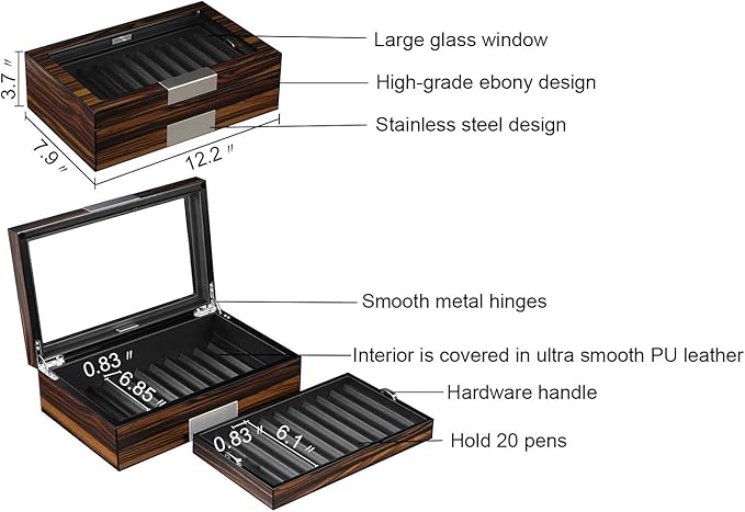 Pen Display Box Ebony Wood Display Case with Glass Window and Tray - Holds Up to 20 Pens