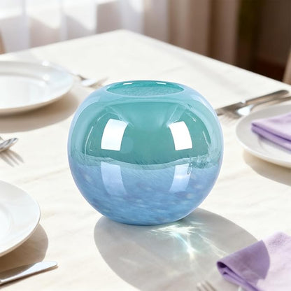 Teal Glass Vase – 7.1in Hand Blown Wide Mouth Art Glass Vase – Turquoise Decorative Vase for Flowers, Centerpieces, Bookshelf, Bathroom, Dining Table or Living Room Display