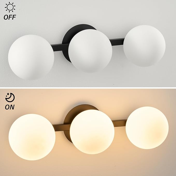Bathroom Vanity Mirror Light Fixtures: 3 Lights Bath Wall Sconce Lighting - Black Vanity Lights with Milk Glass Shade - Modern Minimalist Makeup Light Fixture above Mirror for Hallway Bedroom E26 Base