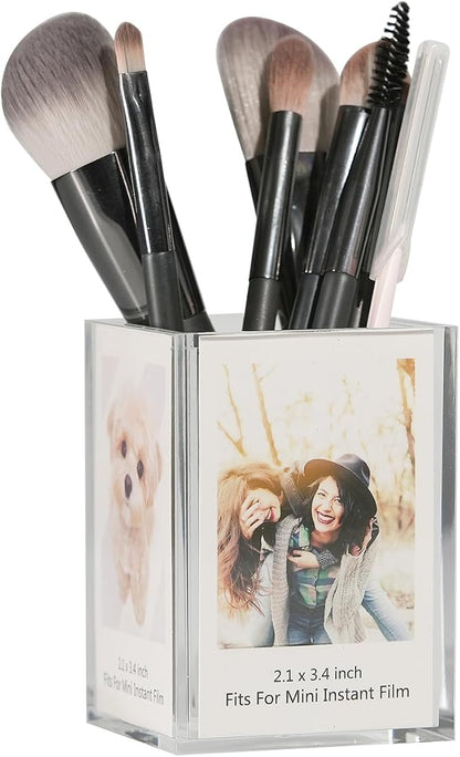 GOLDBARLEY Instax Mini 2x3 Polaroid Photo Acrylic Frame,Small Picture Mini Cute Display Holder for Fujifilm Instax Mini 3-inch Photos Display, Clear Acrylic Photo Pen Holder,Office Desk Organizer