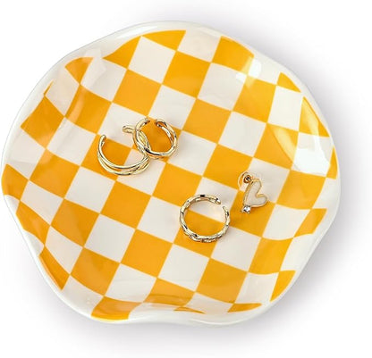 Koythin Ceramic Jewelry Tray, Checkered Pattern Aesthetic Decorative Trinket Dish for Rings, Earrings Necklaces Bracelet Watch Holder, Small Key Bowl, Birthday Mother's Day for Women (Orange)