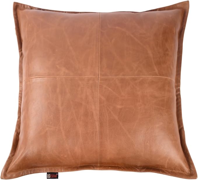 D DOLLY LAMB Lambskin Leather Pillow Cover - Sofa Cushion Case - Decorative Throw Covers for Living Room & Bedroom, 16x16 Inches - Tan Orange Box Pack of 2