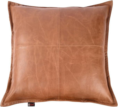 D DOLLY LAMB Lambskin Leather Pillow Cover - Sofa Cushion Case - Decorative Throw Covers for Living Room & Bedroom, 18x18 Inches - Tan Orange Box Pack of 2