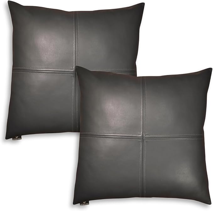 LL LEATHER LOVERS Lambskin Leather Pillow Cover, Hand Panel Stitched Leather Decorative Throw Pillow Covers for Couch Sofa Bed Living Room Garden (16x16 Inches, Dark Grey Pack of 2)