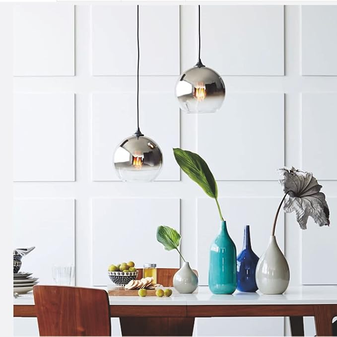 Gradient Silver Glass Globe Pendant Light,Spherical Glass Hanging Light Fixtures Island Ceiling Lamp (9.8'')