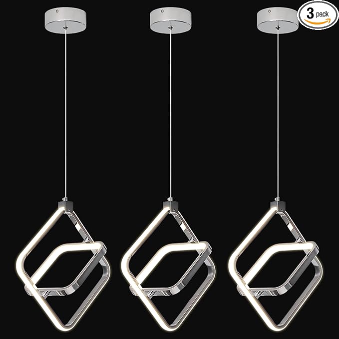 Modern LED Chandelier Chrome Rectangular Pendant Light Fixtures 4000K 20W Dimmable Height Adjustable Pendant Lighting for Dining Room Kitchen Island Bedroom Living Room Foyer（3-Pack）