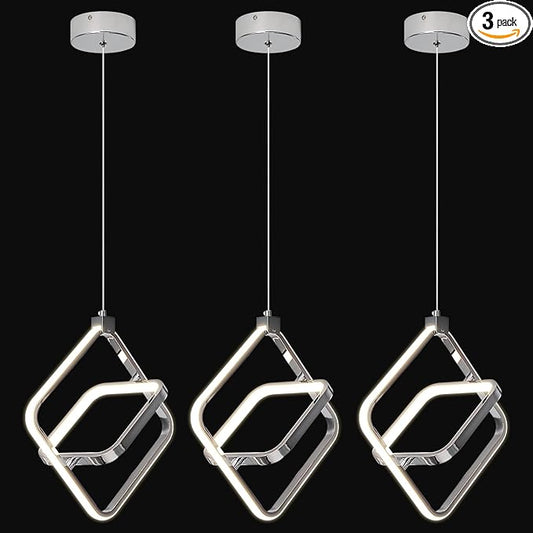 Modern Chrome LED Chandelier 3-Pack – Dimmable Rectangular Pendant Light 4000K 20W (Dining Room & Kitchen)