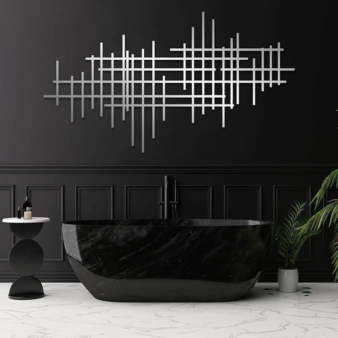 Geometric Line Metal Wall Art, Minimalist Geometric Metal Wall Art, Line Wall Decor, Modern Luxury Wall Decor, Abstract Wall Decorations, Minimalist Bedroom Wall Hanging (Silver, 24"x13"/60x34cm)