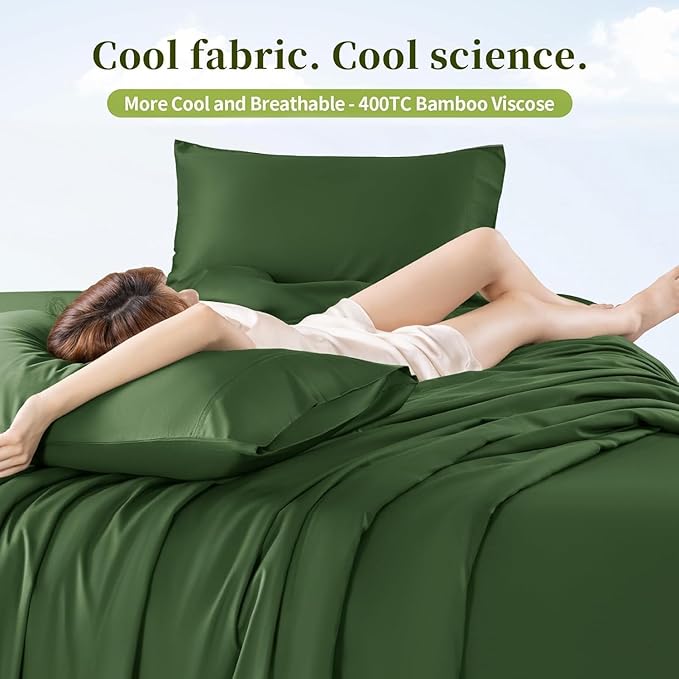 Shilucheng 100% Viscose Derived from Bamboo_ Sheets Cal King Size 4pcs - Ultra Cooling & Silky Soft Bed Sheets, 16" Deep Pocket, Perfect for Hot Sleepers, Hotel Bedding Sheets (Olive)