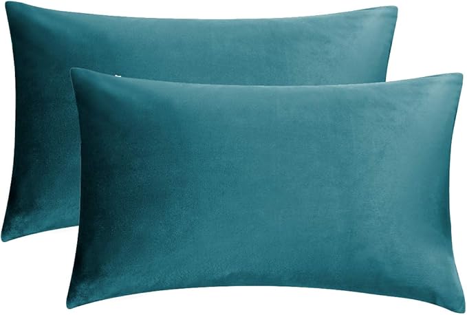 GIGIZAZA Decorative Small Lumbar Pillow Covers,Set of 2 Cushion Covers Velvet Teal Peacock Green Pillows,Sofa Throw 12 X 20 Pillow Covers