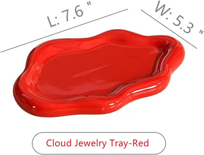 Ceramic Jewelry Tray Dish for Ring Key Trinket, Cute Cloud Shape Decorative Jewelry Plate Holder for Women Gift (Red)