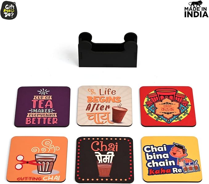 GKD Wooden Coasters for Drinks, MDF Chai/Tea Lover Coasters Set of 6 with Holder, 3.8 inches Eco-Friendly Absorbent Coaster for Coffee Table, Bar, Drinking Glasses, Tabletop Protection
