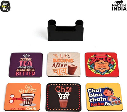 GKD Wooden Coasters for Drinks, MDF Chai/Tea Lover Coasters Set of 6 with Holder, 3.8 inches Eco-Friendly Absorbent Coaster for Coffee Table, Bar, Drinking Glasses, Tabletop Protection