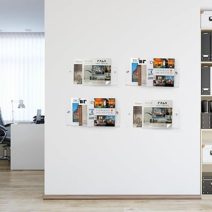 2 Pack Clear Acrylic Magazine Holder, Wall Mount Hanging Bookshelf Literature Storage Rack, Brochure File Display Shelf for Waiting Room, Living Room, Office, Home