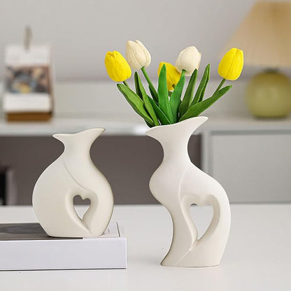 Ceramic Vase - 2 Piece Heart-Shaped Modern Home Decor, Aesthetic Table Centerpiece, Handcrafted Flower Vase Set, Matte White Wedding & Gift, Shelf Sculpture