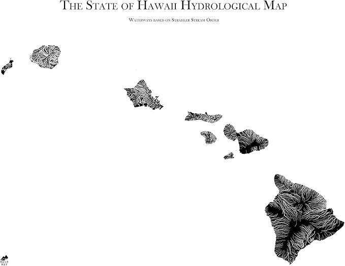 Muir Way Hydrological River Map of Hawaii - Watershed Topographic Wall Art for Home, Office, or Travel Decor - Unframed Flat Paper Print, 18x24