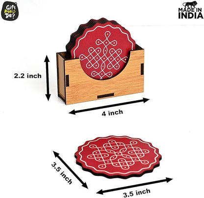 GKD Coaster Set of 6 Fine Art Wooden Coasters with Proper Coaster Stand Coaster Set Fit for Tea Cups, Coffee Mugs and Glasses (3.5 X 3.5 Inch, Fine Design) Red