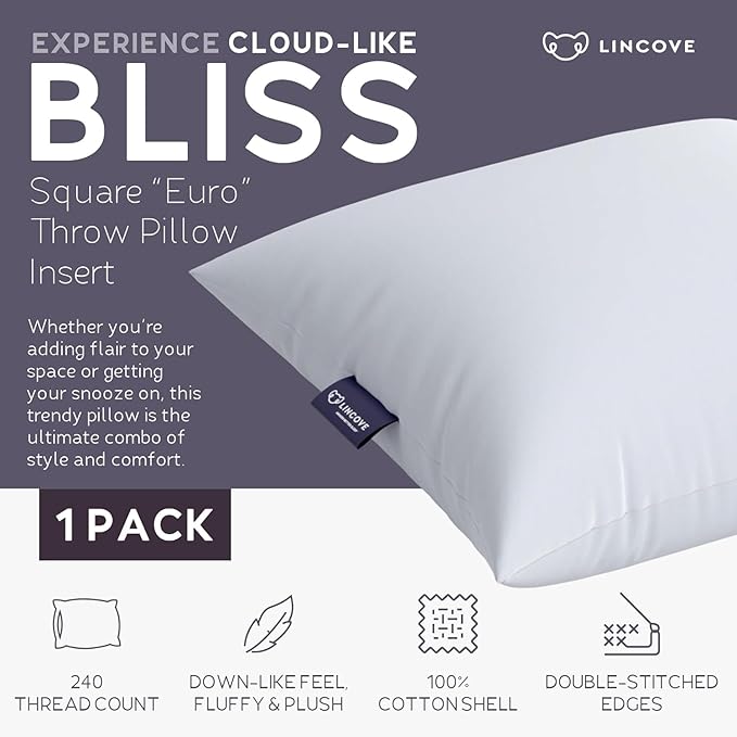 Lincove Euro Throw Pillow Insert Square 17"x17" Pillow – Made in Canada, 100% Cotton Shell, Down Alternative Filling, Vegan-Friendly, Hypoallergenic - Decorative Couch Pillows, 1 Pack