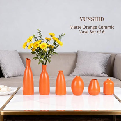 Matte Orange Vase Set of 6 - Bud Vases in Bulk, Modern Minimalist Flower Vases for Home Decor, Ceramic Mantle Vase Set, Rustic & Boho Centerpiece Vases for Entryway Table, Shelf, Living, or Bathroom