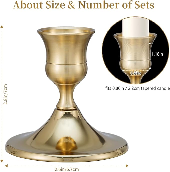 Taper Candle Stick Holder, 6PCS Brass Gold Candle Holders for Candlesticks, Vintage Metal Candlestick Holders for Dinner Room Table Centerpiece or Mantel Wedding Party Decor (6, Gold)