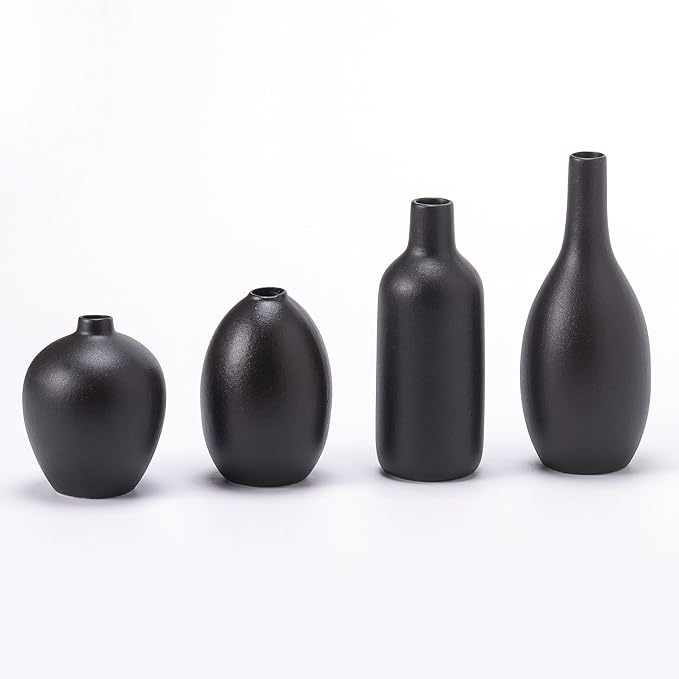 Black Ceramic Flower Vase Set of 4, Modern Farmhouse Decorative Vases for Bookshelf, Dining Room Coffee Console Table Centerpieces