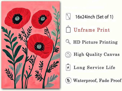 Red Poppy Wall Art Red Floral Poster Vintage Botanical Prints French Floral Artwork Antique Flower Pictures Pink Aesthetics Abstract Plants Wall Art Modern Living Room Decor 16x24inch No Frame