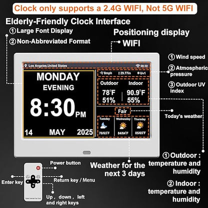 2025 Digital Clock with Auto Time Sync, Weather Forecast, Perpetual Calendar, Photo Frame, Temperature/Humidity Sensor & Custom Alarms - Large Display (White, 10.1 inch)