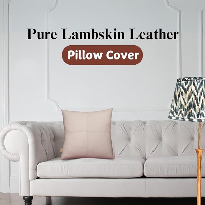 Lambskin Leather Pillow Cover, Hand Panel Stitched Leather Decorative Throw Pillow Covers for Couch Sofa Bed Living Room Garden (16x16 Inches, White Pack of 2)