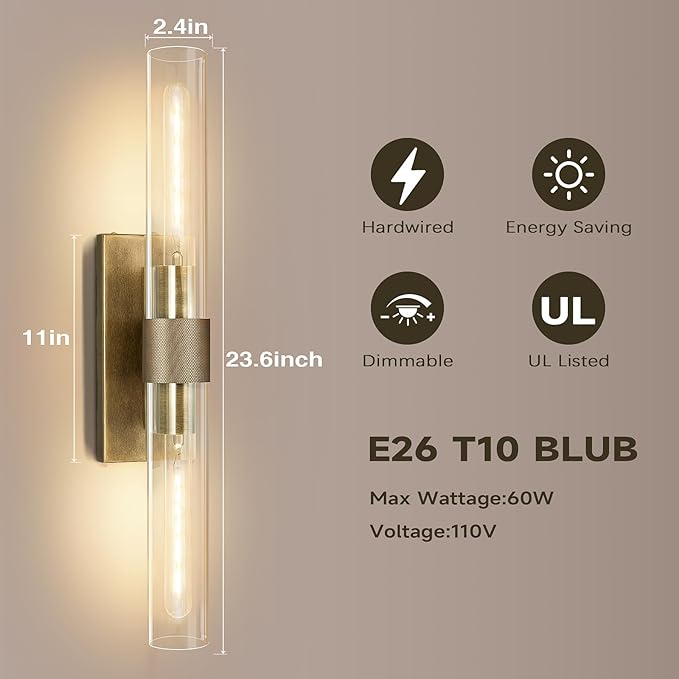 Brass Wall Sconces, Bathroom Wall Sconce, 22.8" Gold Wall Sconces, 2-Light Dimmable Wall Sconce, Sconces Wall Lighting with Glass, Vanity Light Tube Sconce for Bedroom Living Room, Hallway