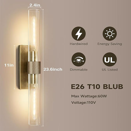 Brass Wall Sconces, Bathroom Wall Sconce, 22.8" Gold Wall Sconces, 2-Light Dimmable Wall Sconce, Sconces Wall Lighting with Glass, Vanity Light Tube Sconce for Bedroom Living Room, Hallway