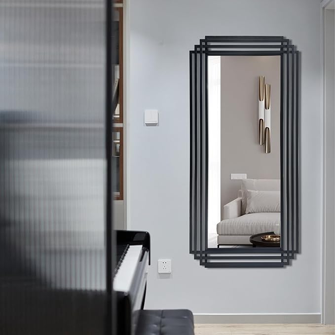 Black Rectangle Mirror, 47"x22" Art Deco Wall Mirrors with Geometric Metal Frame, Modern Elegant Mirror for Living Room Bathroom Bedroom Entryway Hallway, Hangs Vertically or Horizontally