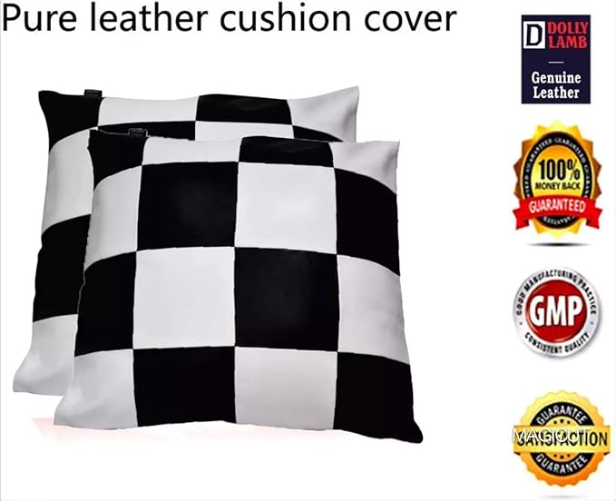 D DOLLY LAMB Lambskin Leather Pillow Cover - Sofa Cushion Case - Decorative Throw Covers for Living Room & Bedroom, 22x22 Inches - Check White & Black Pack of 2