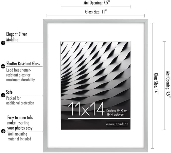 Americanflat 11x14 Picture Frame with Shatter-Resistant Glass - Use as 8x10 Frame with Mat or Display 11x14 Photo Without Mat - Streamline Collection - Thin Border Picture Frames for Wall - Silver