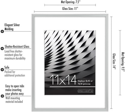 Americanflat 11x14 Picture Frame with Shatter-Resistant Glass - Use as 8x10 Frame with Mat or Display 11x14 Photo Without Mat - Streamline Collection - Thin Border Picture Frames for Wall - Silver