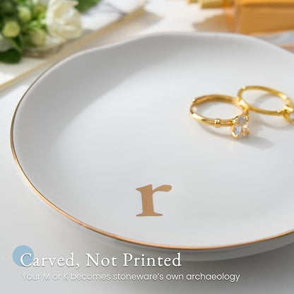 Lolalet Handmade Ceramic Ring Dish Jewelry Tray Plate with Initial, Small Monogram Gift for Her Women Girls Mother, Hostess, Engagement, Bridal Shower, Maid of Honor, Bridesmaid, Birthday, Christmas