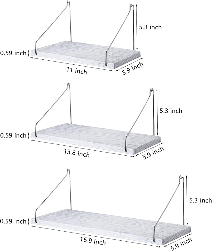 MITIME Floating Shelves Set of 3 Rustic Solid Wood Floating Shelf Wall Storage Shelves for Living Room, Bedroom, Bathroom, Kitchen Laundry, Office,no Drill Shelf(Grey and White Colour L+M+S)
