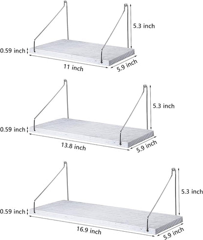 MITIME Floating Shelves Set of 3 Rustic Solid Wood Floating Shelf Wall Storage Shelves for Living Room, Bedroom, Bathroom, Kitchen Laundry, Office,no Drill Shelf(Grey and White Colour L+M+S)