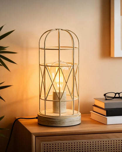 Unique Industrial Cage Table Lamp with Touch Control & Dimmable Light - 28" Metal Mesh Desk Lamp with 3-Way Dimmer, E26 Socket, Includes LED Bulb, White