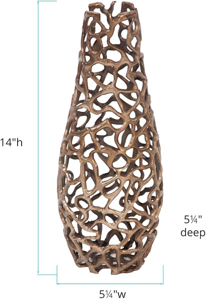 Howard Elliott Small Bronze Aluminum Branch Vase with Padded Bottom, Modern Accent Abstract Decorative Centerpiece Flower Vase with Intertwined Design for Weddings & Decoration, 5.1 x 5.1 x 14 Inch