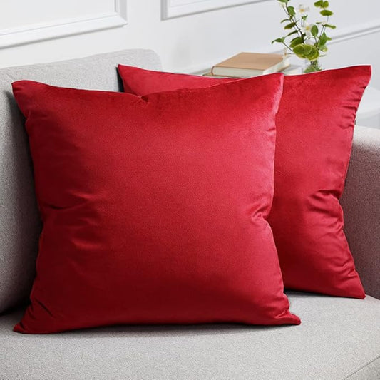 lalaLOOM Velvet Throw Pillow Covers, Set of 2, 20x20 Decorative Square Pillows Home Decor, Soft Accent Cases, Silky Machine Washable Pillowcases for Sofa, Couch, Bedroom, Living Room, Ruby Red