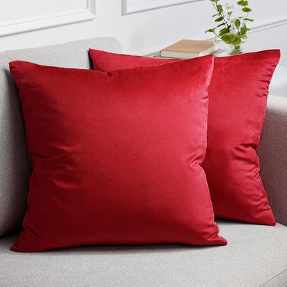 lalaLOOM Velvet Throw Pillow Covers, Set of 2, 24x24 Decorative Square Pillows Home Decor, Soft Accent Cases, Silky Machine Washable Pillowcases for Sofa, Couch, Bedroom, Living Room, Ruby Red