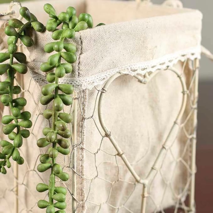 Factory Direct Craft Square White Washed Chicken Wire Basket with Natural Linen Liner and Heart Accent in Middle. for Cottage, Coastal or Farmhouse Decor Organizer.