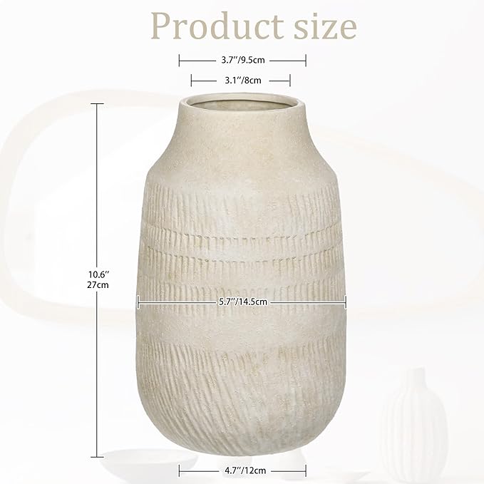11" Rustic Ceramic Vase with Irregular Flutes Texture & Sand-Grain Surface, Antique Vase for Pampas & Vibrant Flowers, Warm-Toned Style, Beige White