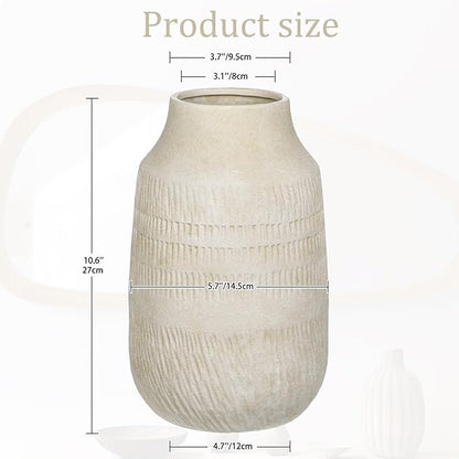 11" Rustic Ceramic Vase with Irregular Flutes Texture & Sand-Grain Surface, Antique Vase for Pampas & Vibrant Flowers, Warm-Toned Style, Beige White