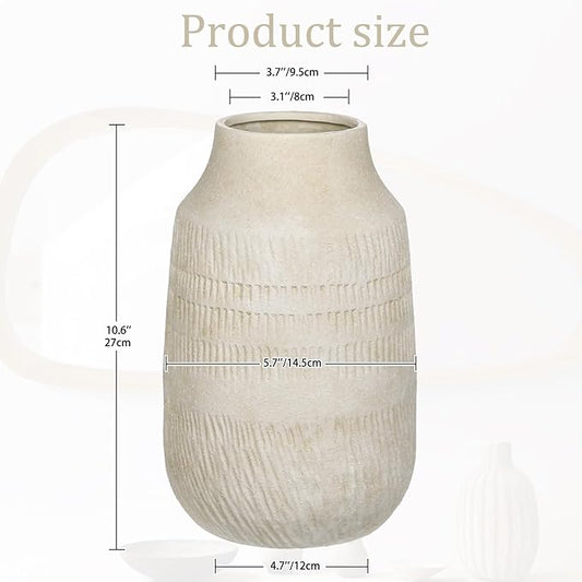 11" Rustic Ceramic Vase with Irregular Flutes Texture & Sand-Grain Surface, Antique Vase for Pampas & Vibrant Flowers, Warm-Toned Style, Beige White