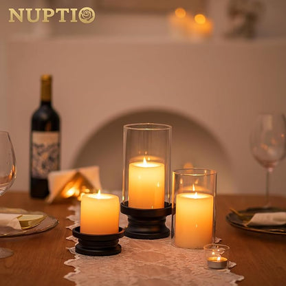 NUPTIO Hurricane Glass Candle Holder: Set of 2 Black Pillar Candle Holders with Glass Cylinder - Metal Pillars Candleholder for Halloween Thanksgiving Fireplace Living Room Decor