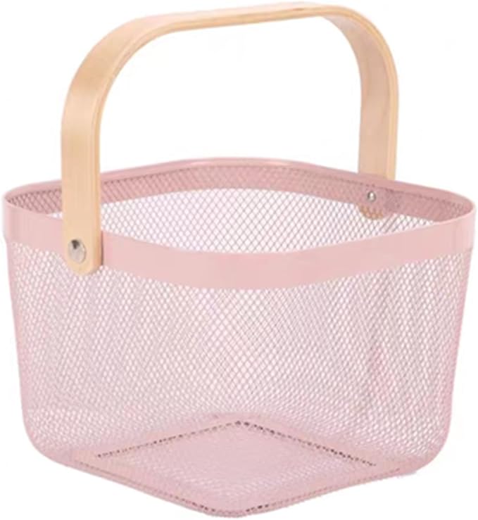 Metal Mesh Wire Basket, Small Steel Basket with Wooden Handle Storage Organizer Basket Multi-functional Hanging Kitchen Baskets Fruit Baskets for Kitchen Bathroom Cabinet Pantry Snacks, Pink