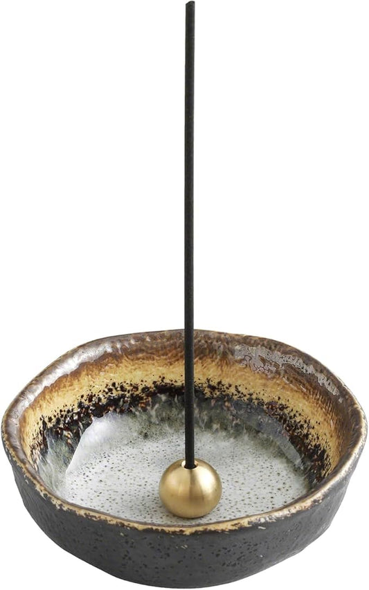 Asayu Japan Small Mini Incense Holder for Sticks 3.3 inch (83mm), Made in Japan Ceramic Ash Catcher & Brass Incense Burner Set for Relaxation, Yoga - Small Mini Traditional Japan Incense Holder